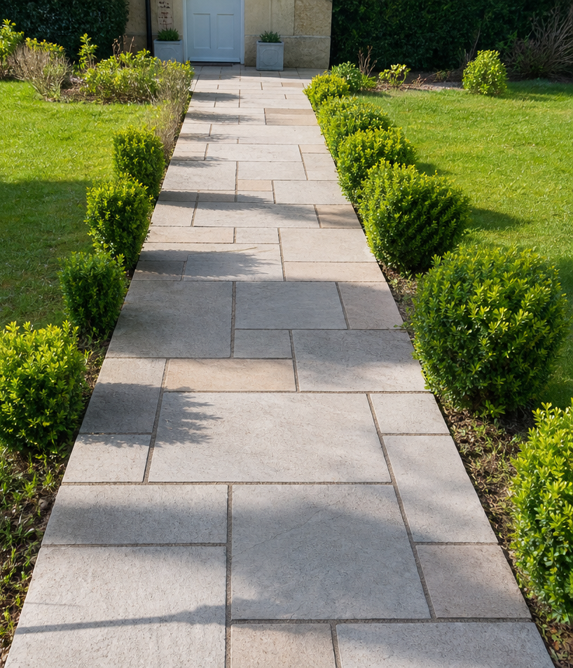 Clean pale stone garden path after pressure washing