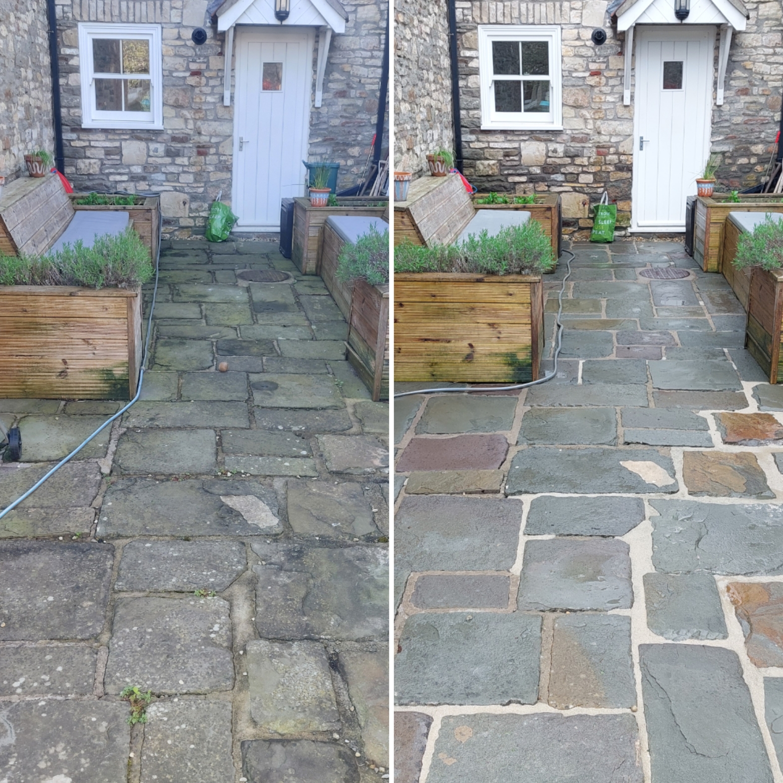 Patio slabs before and after pressure washing