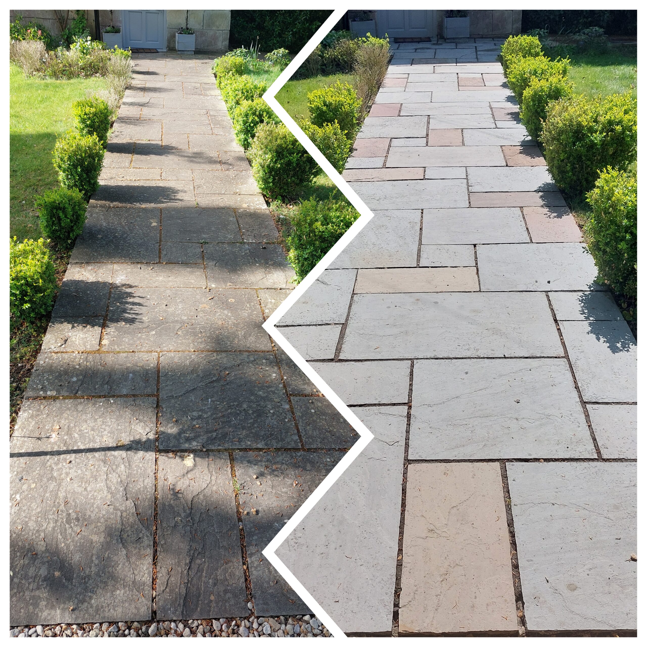 Pressure washing before and after in Bristol: a path transformed from mossy and dark to clean and bright