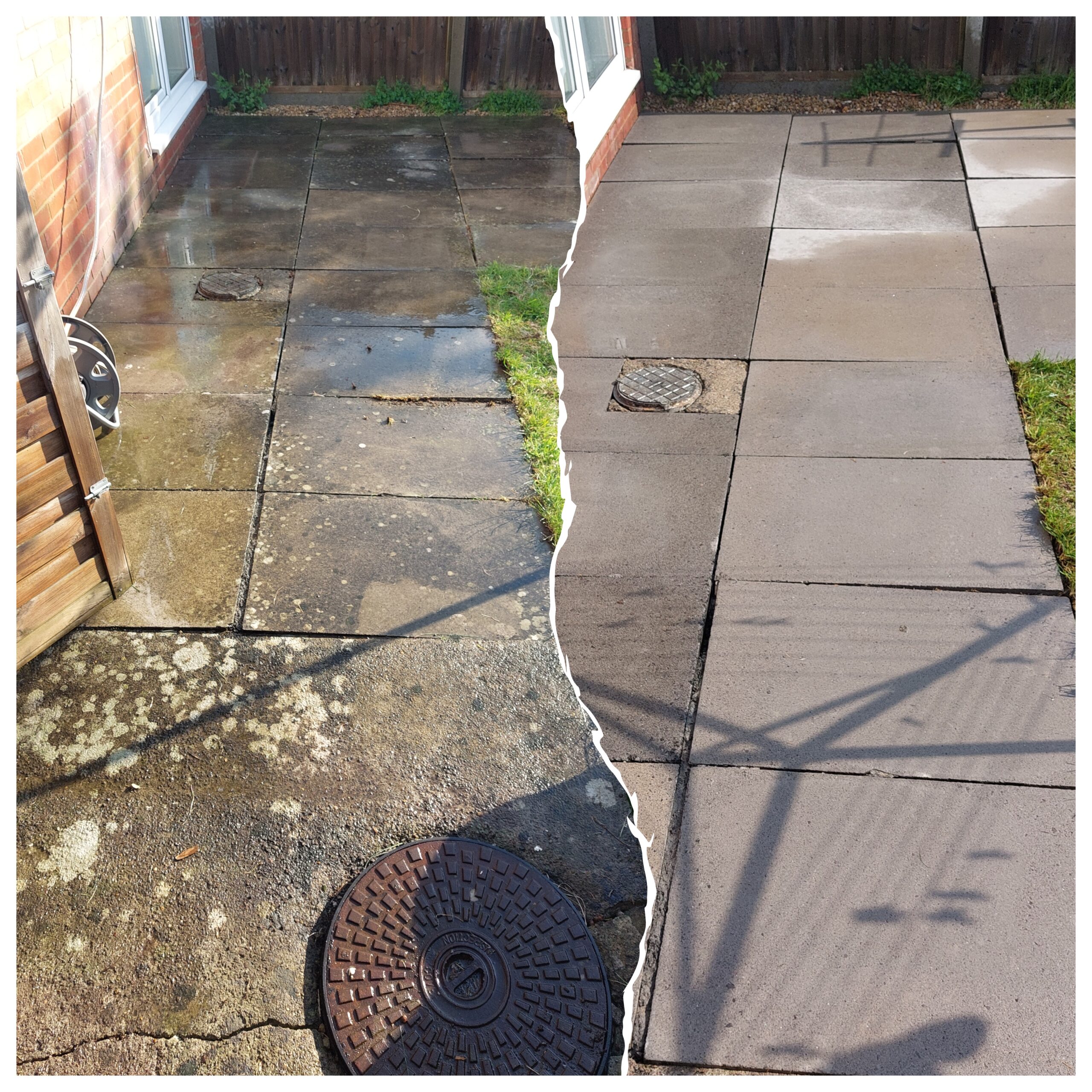 Stone paving patio before and after pressure washing