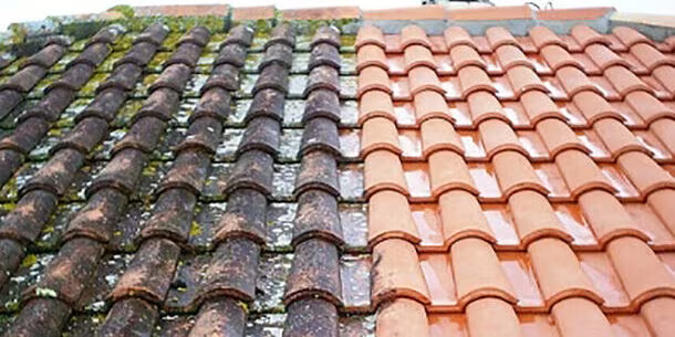 Roof tile before and after moss cleaning in Bristol
